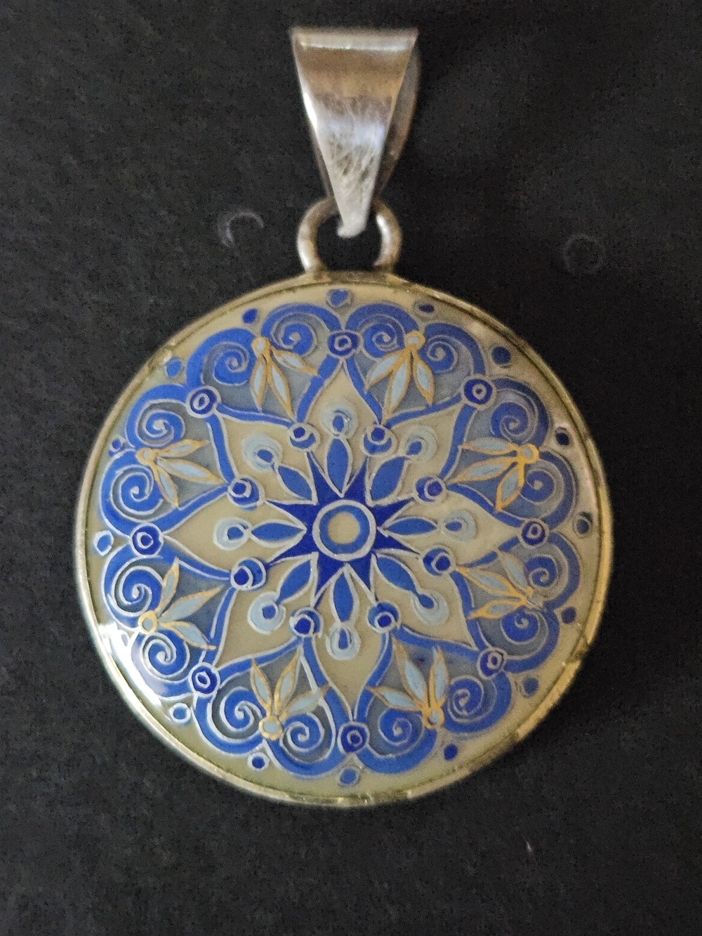 Mother Of Pearl Handpainted Blue Floral Mandala Pendant with Gold Accents